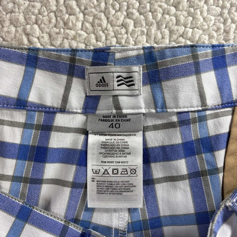 adidas Golf Shorts Men's 40 XL Blue White Plaid Performance Flat Front Bermuda
